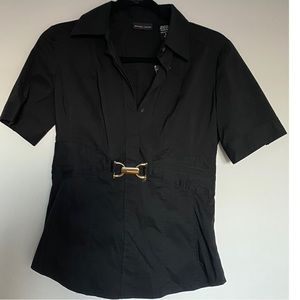 New York & Co. Black Collared Blouse with Gold Buckle